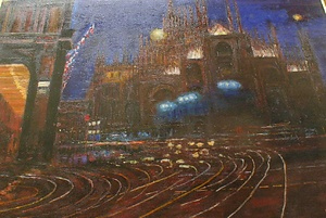 絵画　油彩　「聖夜のミラノ大寺」　安倍栄作