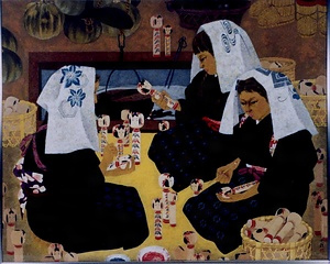 絵画　日本画「こけしの里」　真嶋元枝