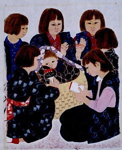 絵画　日本画　「雪囲童」　真嶋元枝