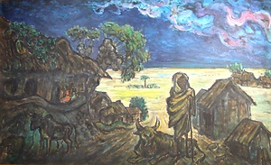 水墨画「ブダガヤの村」