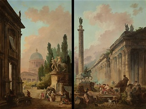 モンテ・カヴァッロの巨像と聖堂の見える空想のローマ景観