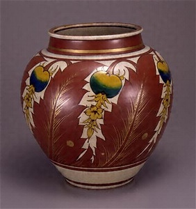Vase, fruits design, overglaze enamels