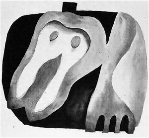 J.アルプ作《胸あてとフォーク》(1922年)模写