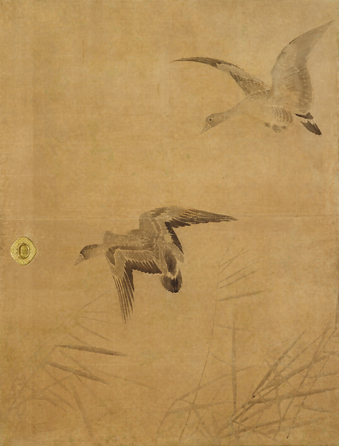 大砲候補円山応立（1817－1875年）　梅に鶯鴛鴦の図　筆致が鋭い名品！真筆　雪解けの頃　双幅 花鳥、鳥獣