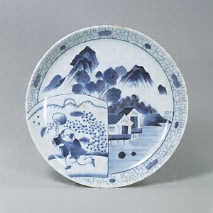 Large Dish, Landscape and firefly-watching design in underglaze blue