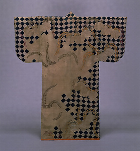 Kosode (Garment with small wrist openings) Paulownia and checker design on light brown chirimen crepe ground