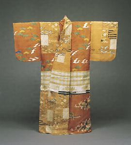 Nuihaku Garment(Noh Costume) Design of paulownias, mountain roads, sandbanks and shikishi paper on red ground