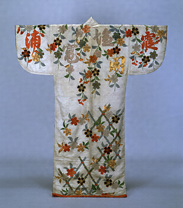 [Kosode] (Garment with small wrist openings) Design of bamboo fences, weeping cherries, and characters on a white figured-satin ground