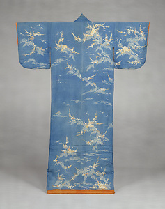 [Kosode] (Garment with small wrist openings) Design of rocks, waves, and plums on a light-blue [chirimen] crepe ground