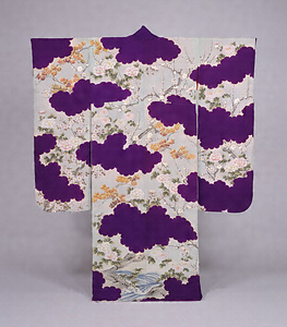 Furisode(Garment with long Sleeves) Design of clouds and flowers on purple crepe