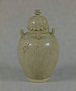 Jar with Multiple Spouts Celadon glaze with carved lotus petal design