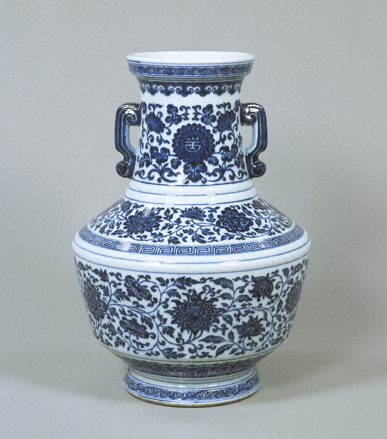 中国　青花　花瓶文　双耳盤口瓶　高さ約58.5cm　M　R6129Fエンタメ/ホビー
