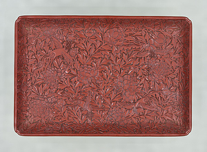 Rectangular Tray Design of peonies and phoenixes in carved red lacquer 