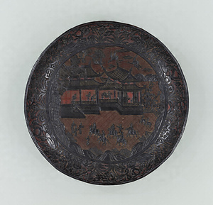 Tray Landscape with pavilions and figures in black lacquer carving