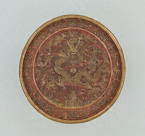 Tray with a Dragon, Wood with carved yellow lacquer