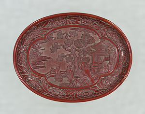 Tray Pavilion and figure design in carved red lacquer