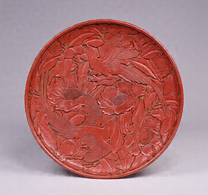 Tray Design of flowers and birds in carved red lacquer