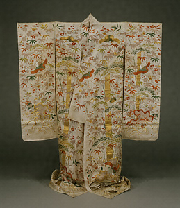 Uchikake (Outer garment) Pine, bamboo, plum tree, crane, and tortoise design on white figured satin ground