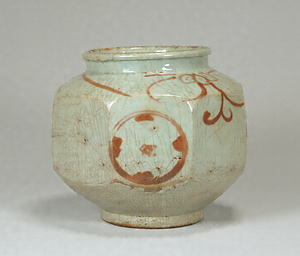 Faceted Jar with Roundels Stoneware with underglaze copper red
