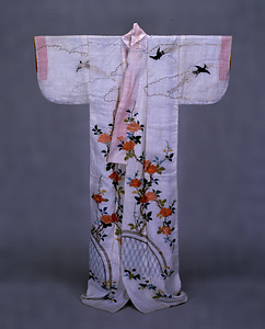 Summer Robe ([Katabira]) with Blue Magpies, Roses, and Spring Plants