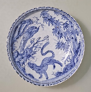 Large Bowl with a Tiger and Bamboo, Porcelain with underglaze blue