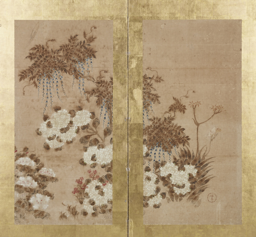 【人気好評】日本画家 寄せ書き 花卉図 二枚折 屏風 高さ 約174.5㎝ 紙本肉筆 水墨画 合作 画賛 花鳥、鳥獣