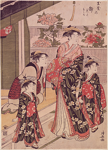 Peonies at Nakanocho in the Yoshiwara Pleasure District: Katachino of Ogiya, Hinazuru of Chojiya and Shizuka of Tamaya