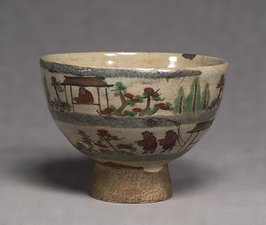 Tea bowl, Akahada Ware, Deign of landscape with figures in overglaze enamels