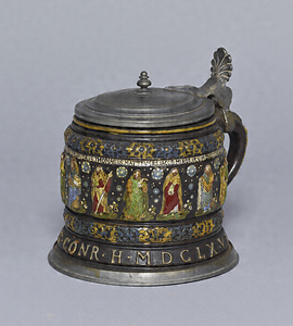 Handled Vase with Pewter Lid Saints design in relief with polychromy