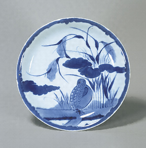 Dish, Millet and quail design in underglaze blue