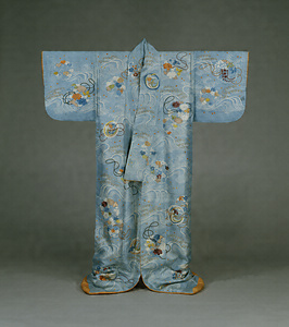 Kosode (Garment with small wrist openings) Wave and flower roundel design on light blue twill ground