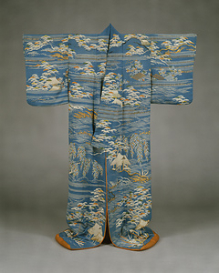 "Kosode" (Garment with small wrist openings), Design of a landscape with the Uji bridge on a greenish-blue "chirimen"-crepe ground