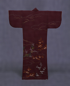 [Hitoe] (Unlined summer garment) Design of Genji clouds, plums, and bamboos on a purple [chirimen]-crepe ground