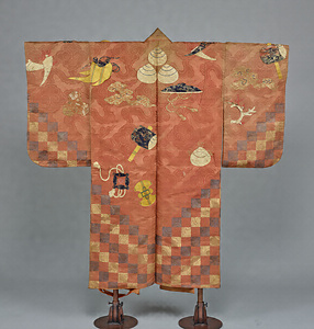 Atsuita Garment (Noh costume) Flagstone and treasure design on red ground