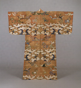 Karaori Garment (Noh costume) Basket pattern, peony, cherry blossom and blue magpie design on red ground