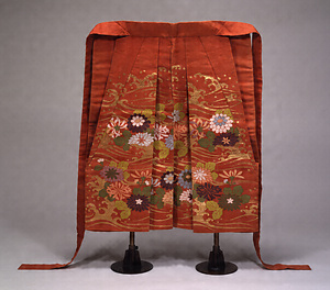 Oguchi(Noh Costume), Design of stream and chrysanthemums on red ground