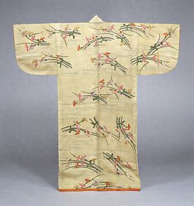 Robe ("Kosode") with Waves and Iris Flower Bouquets on Figured-Satin ("Rinzu") Ground