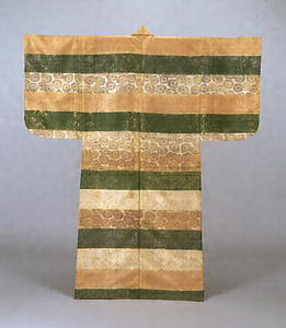 Surihaku (Noh costume) Running water, fan, chrysanthemum, and bamboo design on red, green and white horizontally striped ground