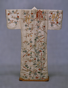 Uchikake (Outer Garment) Plum tree, chrysanthemum and characters of "Kantan Makura" design on white figured satin 
