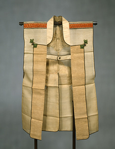 Jinbaori (Coat worn over armor)  Mount Fuji and dragon design on white figured sha gauze with five-three paulownia crest