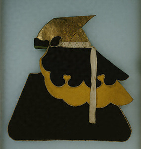 Hood Worn at Scene of Fire (For female in warrior family) Design on dark blue, yellow and light green plain-weave wool