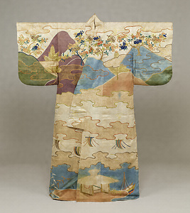 Kosode (Garment with small wrist openings) Distant mountain, sailing ship, and pavilion design on white figured satin ground