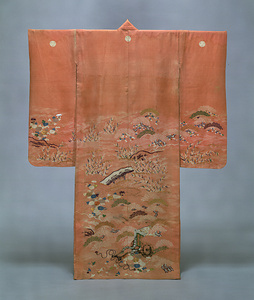[Hitoe] (Unlined summer garment) Flowering plant and courtly carriage design on light red [ro] gauze ground