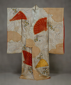 Long-Sleeved Robe (&quot;Furisode&quot;) with Cypress Fans and &quot;Tachibana&quot; Oranges