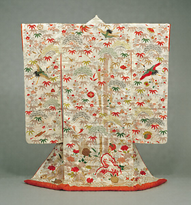 Uchikake Outer Garment Auspicious motifs of pine, bamboo, plum, cranes, tortoises and treasures on white figured satin