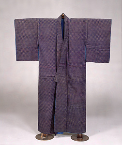 Garment in "Hanaori" Weave, Floral check pattern design on dark blue cotton ground