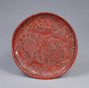 Tray Lotus design in carved red lacquer