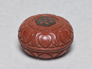 Incense Container and Tray  Red lacquer with carved lotus design