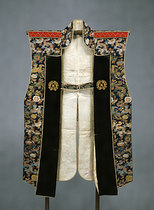 Jinbaori (Coat worn over armor) Peony, phoenix, and dragon design on light blue ezonishiki brocade