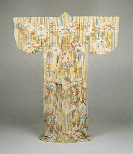 [Kosode] (Garment with small wrist openings) Design of stripes, windows, and plum branches on a light-yellow [chirimen] crepe ground